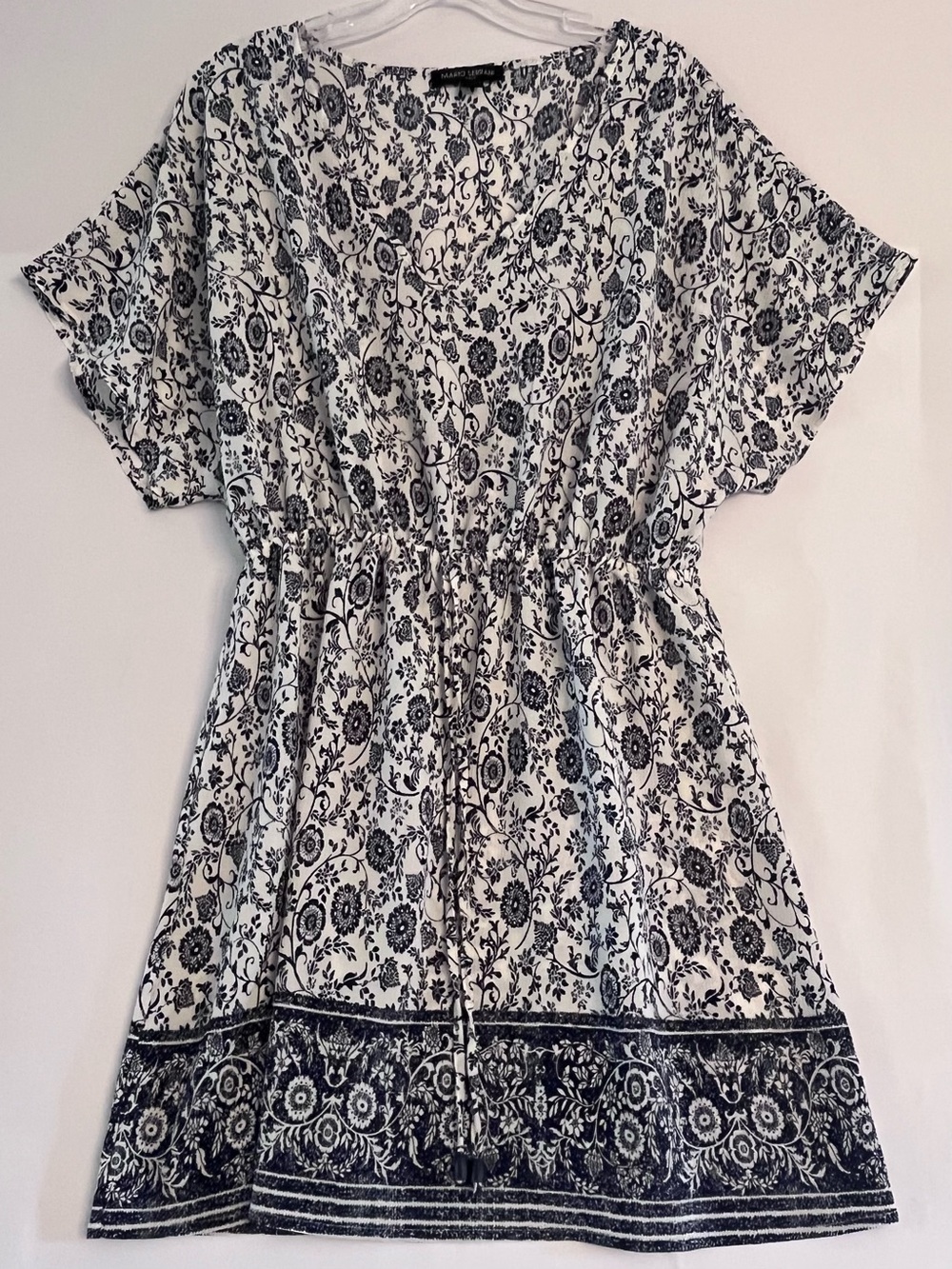 Mario Serrani Navy Floral Border Print V Neck Dress S | Cottagecore Coastal